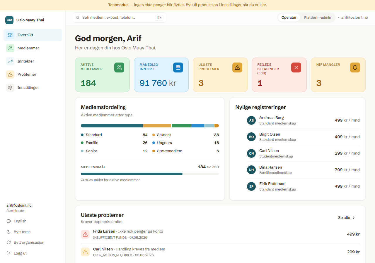 Skjermbilde av Verv — kassereroversikt med betalingsstatus per medlem